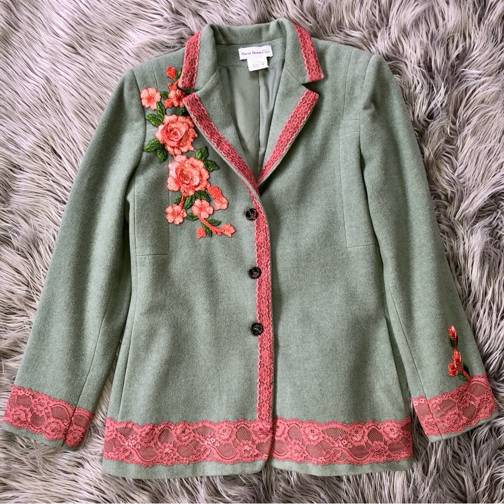 Upcycled Vintage Mint Green Wool Blend Coat with Coral Blooms and Lace, Size 10 - Picture 2 of 8